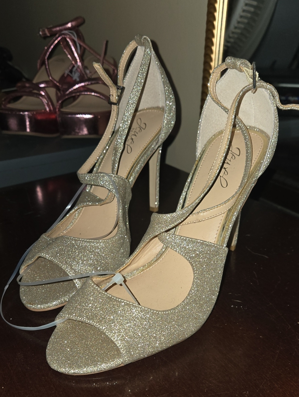 Jewel Badgley Mischka Gold Glitter Strap Stiletto Heels
